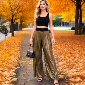 Alfani Wide Leg Palazzo Pant M Metallic Gold Lame' Flowy Lined Party Elegant NEW